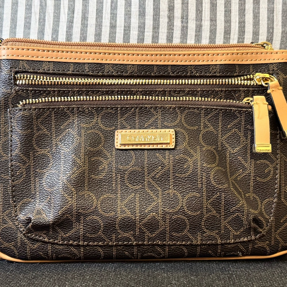 Calvin Klein Dark Brown Monogram wallet style cross body bag